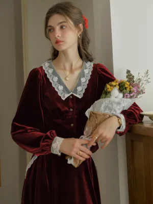 ??Final Sale??Megan V-neck Contrast Lace Lapel Cuffs Splicing Velvet Blouse - Red HypoallergenicMaterial