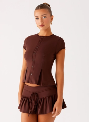 Landon Button Up Top - Chocolate AthleisureReady StaticResistant Material