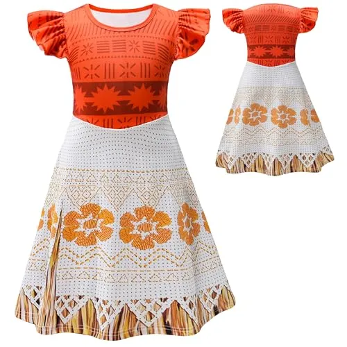 AOVCLKID Girls Moana Princess Costume Movie Role Kids Halloween Party Dress(6 Years,Red)