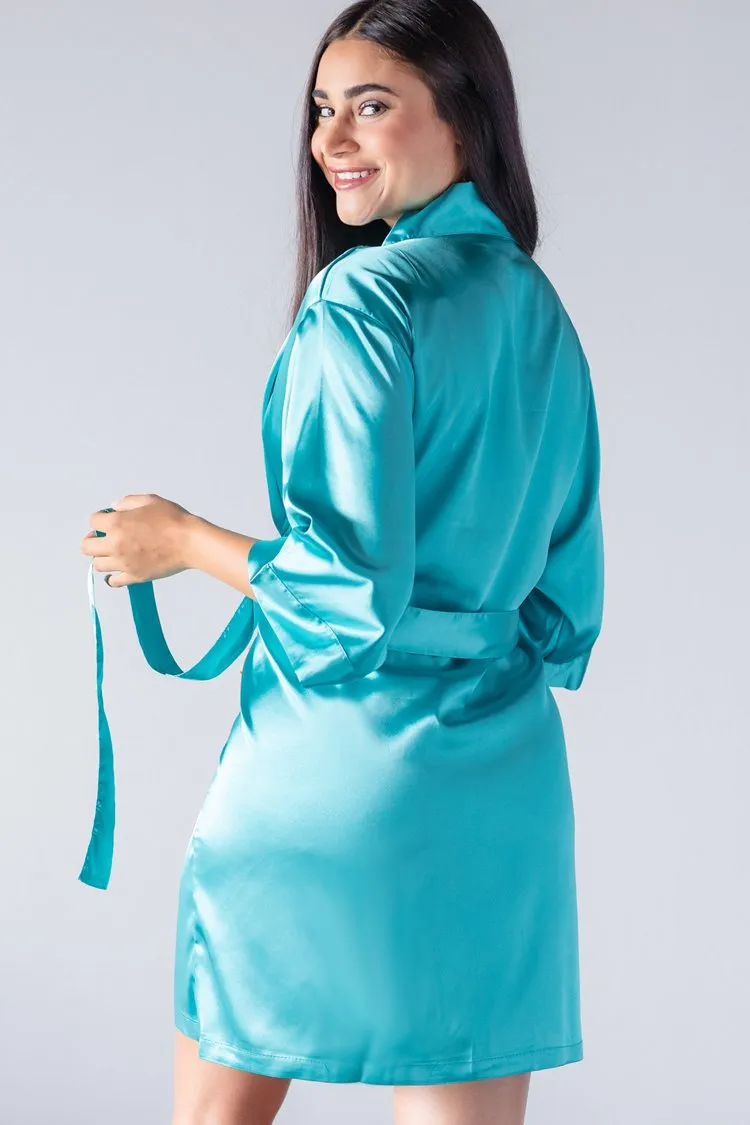 Aqua Blue Satin Kimono Robe