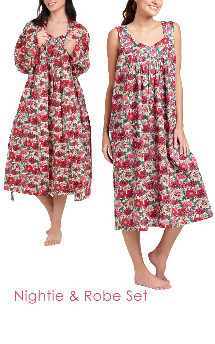 Arabella 100% Cotton Robe and Matching Lily Nightie Set in in Red Vibrant Floral MD-411F4 and MD-75F4