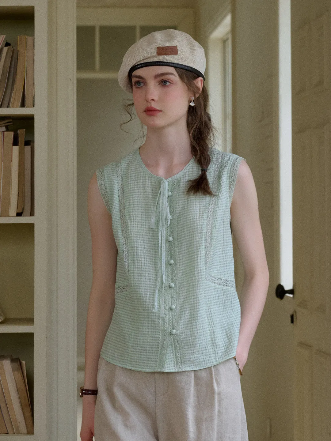 Arabella Round Neck Lyocell Sleeveless Blouse Neutral Tone Stitching WrinkleResistant Cloth