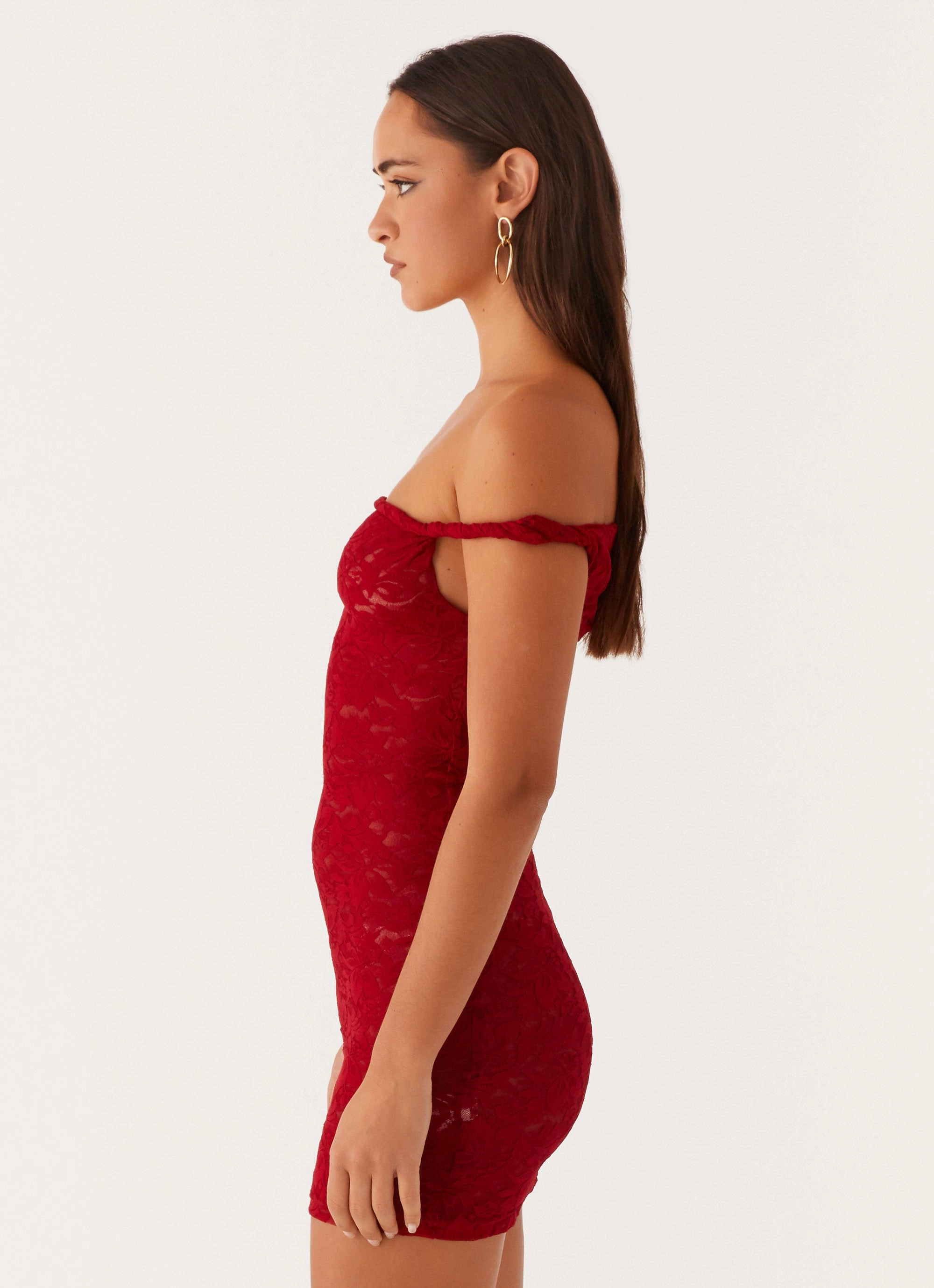 Arabella Lace Twist Shoulder Mini Dress - Red Fold Over Design