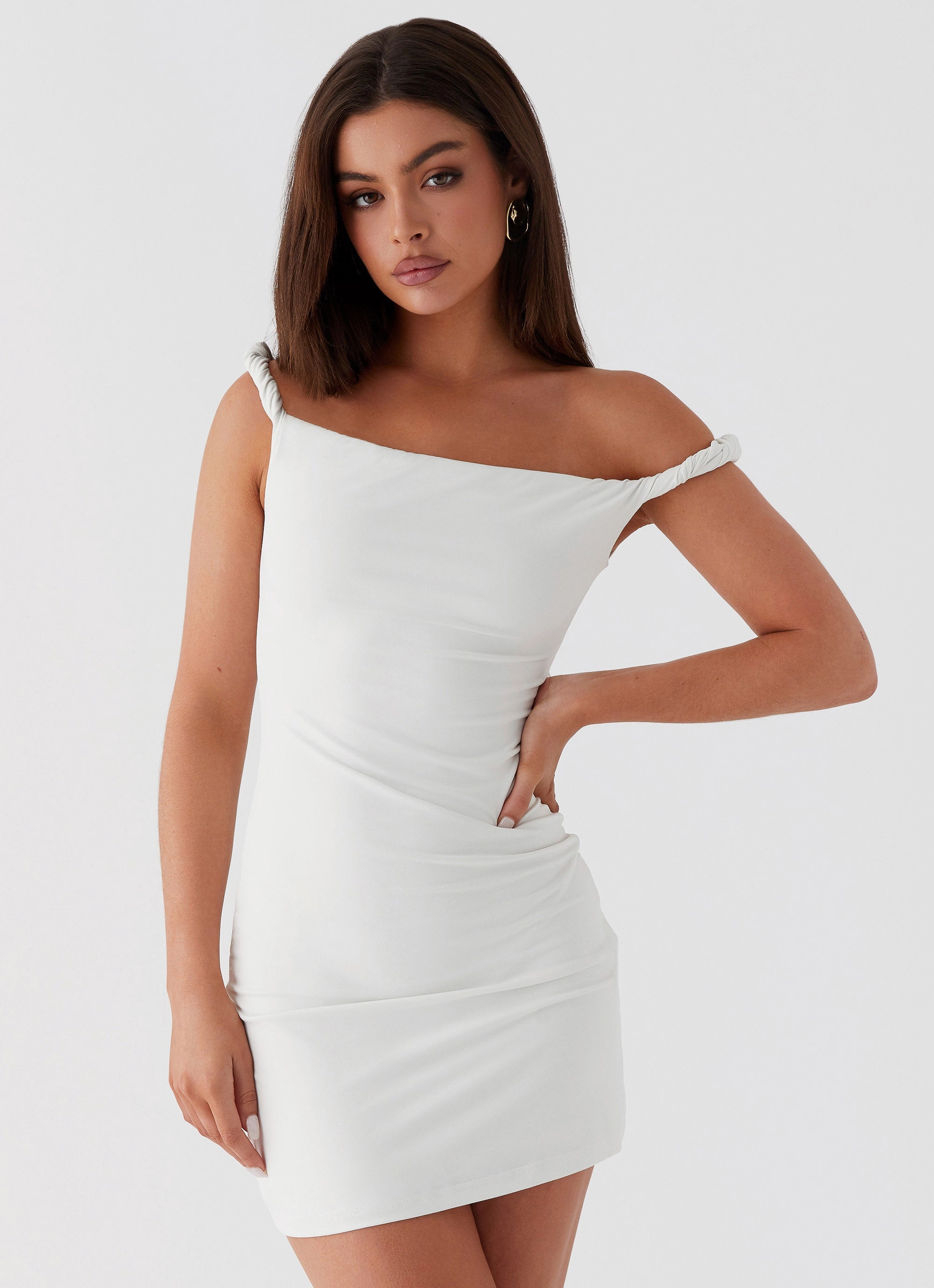 Subtle Shimmer Laidback Mood Arabella Twist Shoulder Mini Dress - Ivory