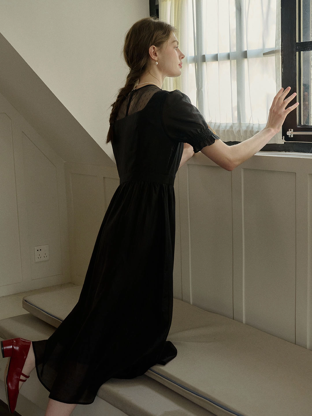Ariella Round Neck Mesh Embroidered Puff Sleeve Dress Reliable Durability AthleisureCompatible HighNeckCut