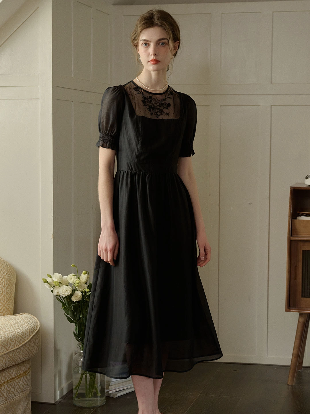 StaticResistant Material Ariella Round Neck Mesh Embroidered Puff Sleeve Dress Reliable Durability
