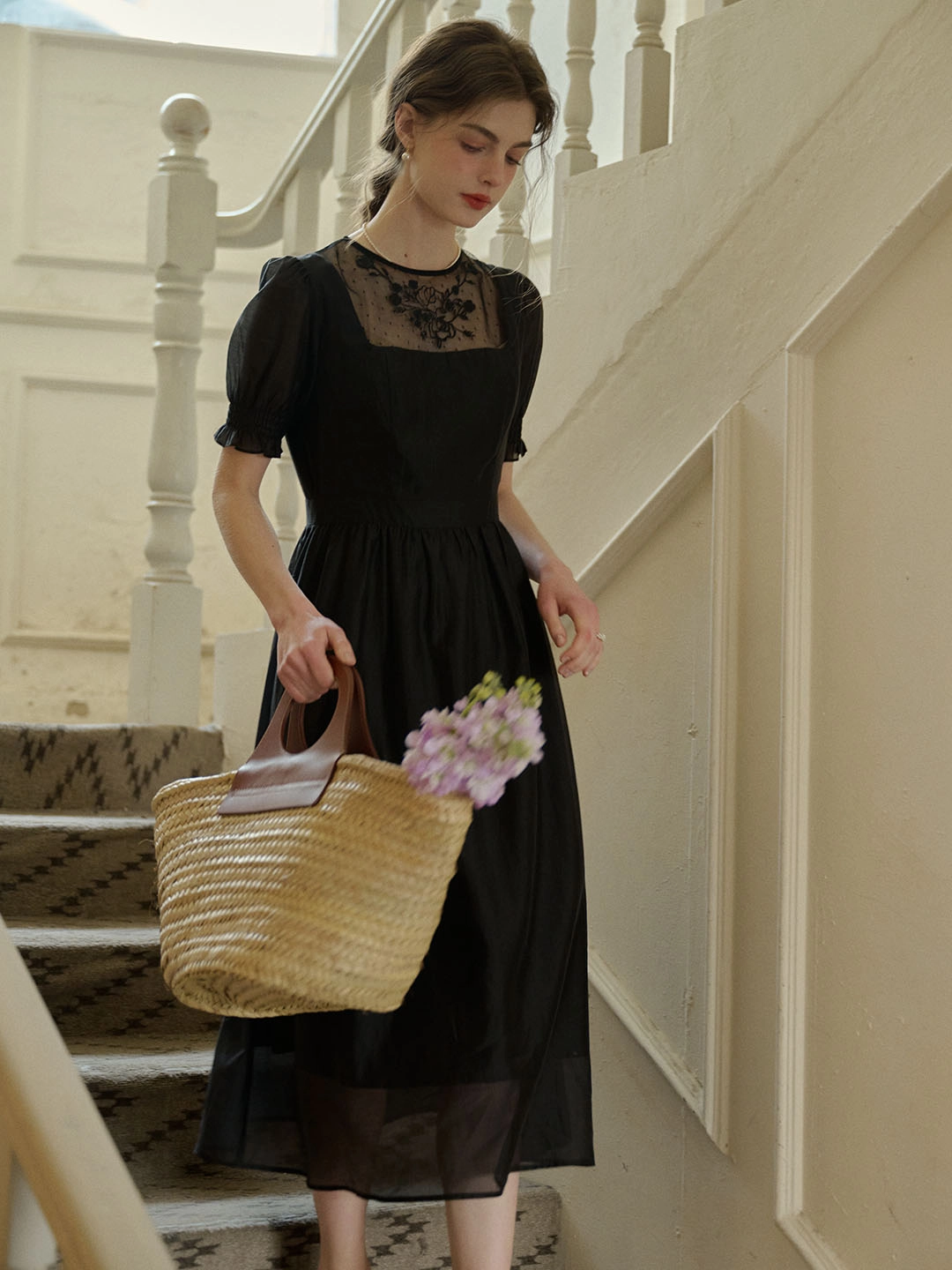 Garment Washed Ariella Round Neck Mesh Embroidered Puff Sleeve Dress Reliable Durability