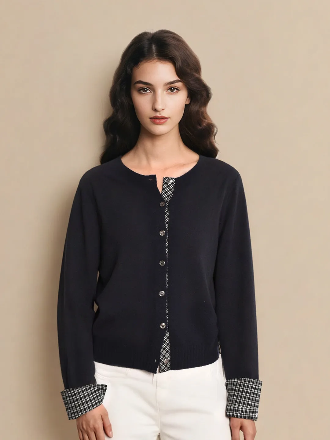 Ariyah Round Neck Plaid 100% Wool Cardigan PolyesterBlend