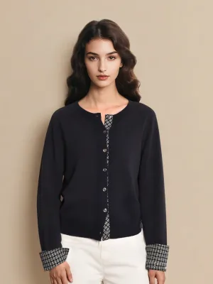 Ariyah Round Neck Plaid 100% Wool Cardigan PolyesterBlend