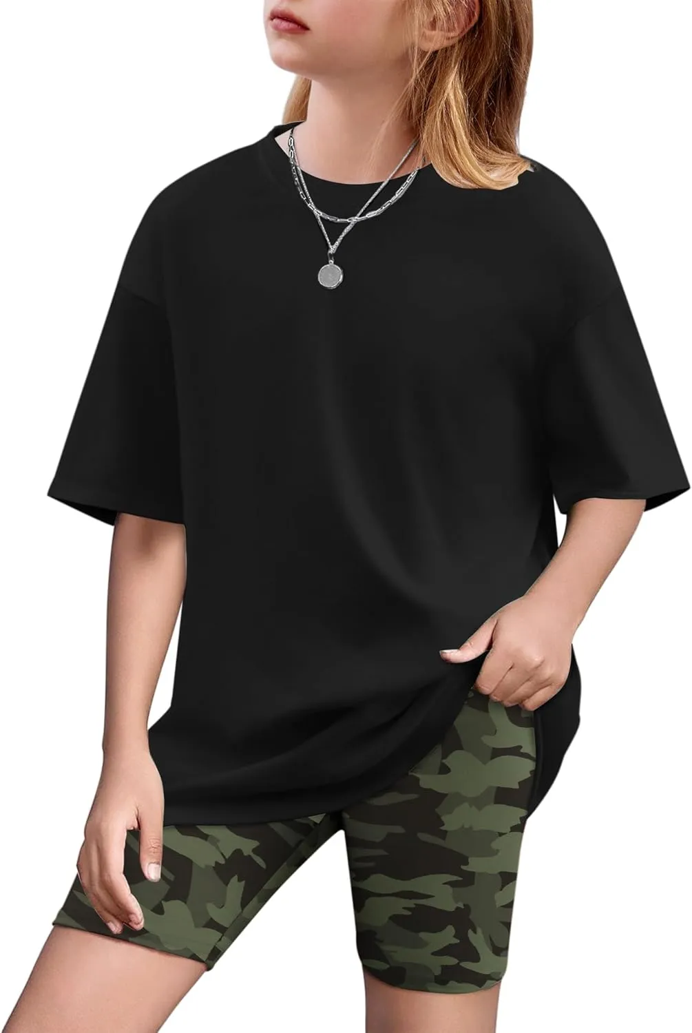 Arshiner Girls 2 Piece Outfits Drop Shoulder T-Shirts and Biker Shorts Sets