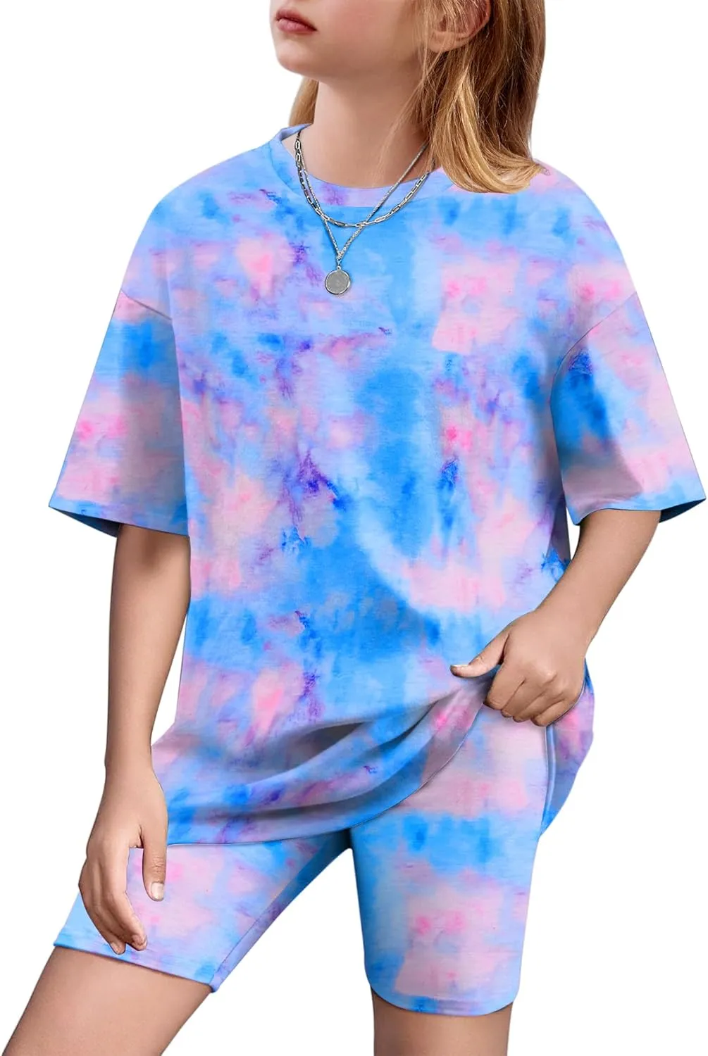 Arshiner Girls 2 Piece Outfits Drop Shoulder T-Shirts and Biker Shorts Sets