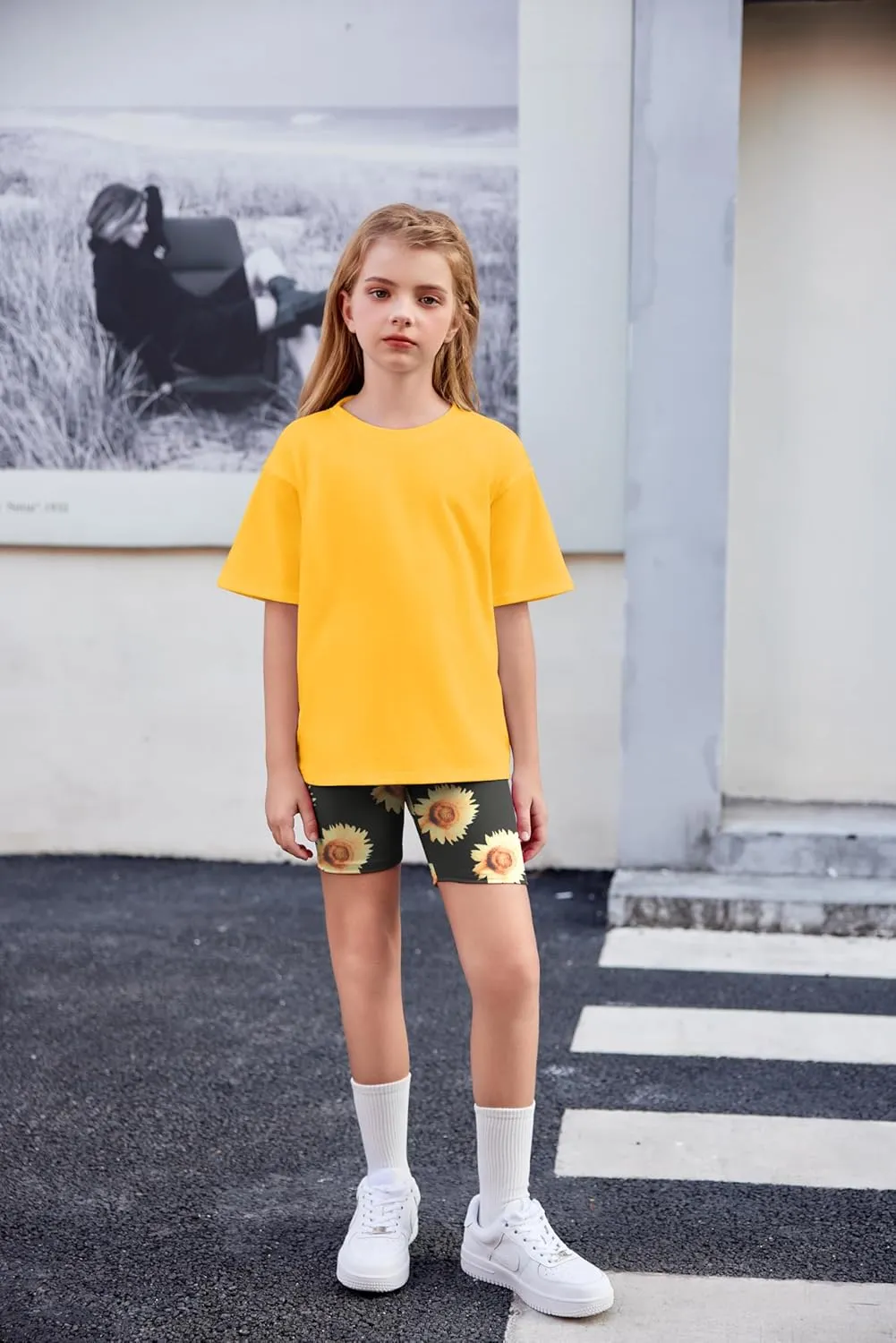 Arshiner Girls 2 Piece Outfits Drop Shoulder T-Shirts and Biker Shorts Sets
