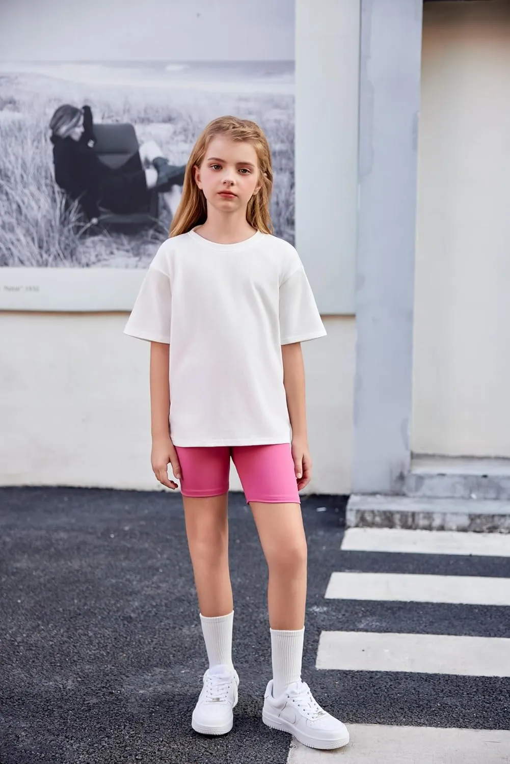 Arshiner Girls 2 Piece Outfits Drop Shoulder T-Shirts and Biker Shorts Sets