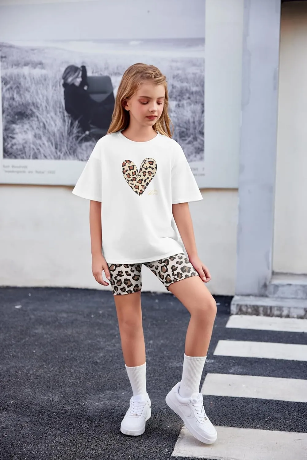 Arshiner Girls 2 Piece Outfits Drop Shoulder T-Shirts and Biker Shorts Sets