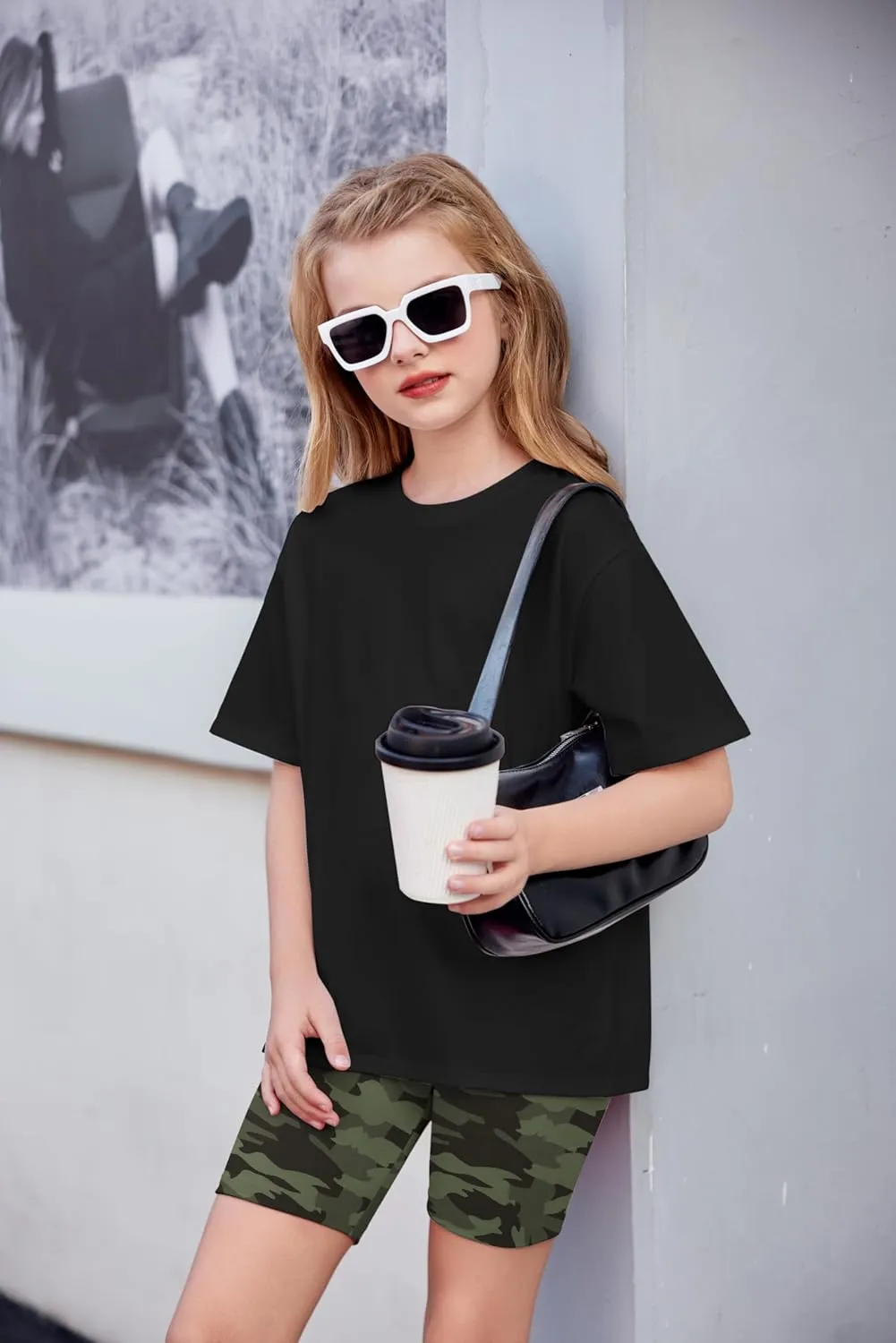 Arshiner Girls 2 Piece Outfits Drop Shoulder T-Shirts and Biker Shorts Sets