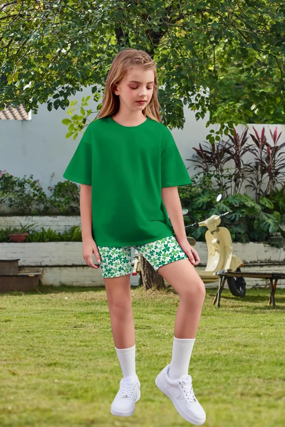 Arshiner Girls 2 Piece Outfits Drop Shoulder T-Shirts and Biker Shorts Sets
