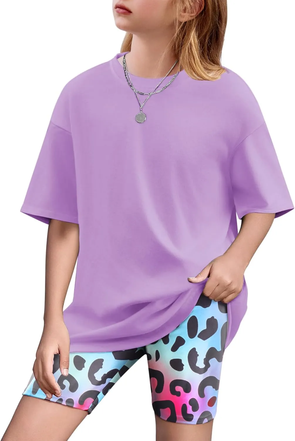 Arshiner Girls 2 Piece Outfits Drop Shoulder T-Shirts and Biker Shorts Sets