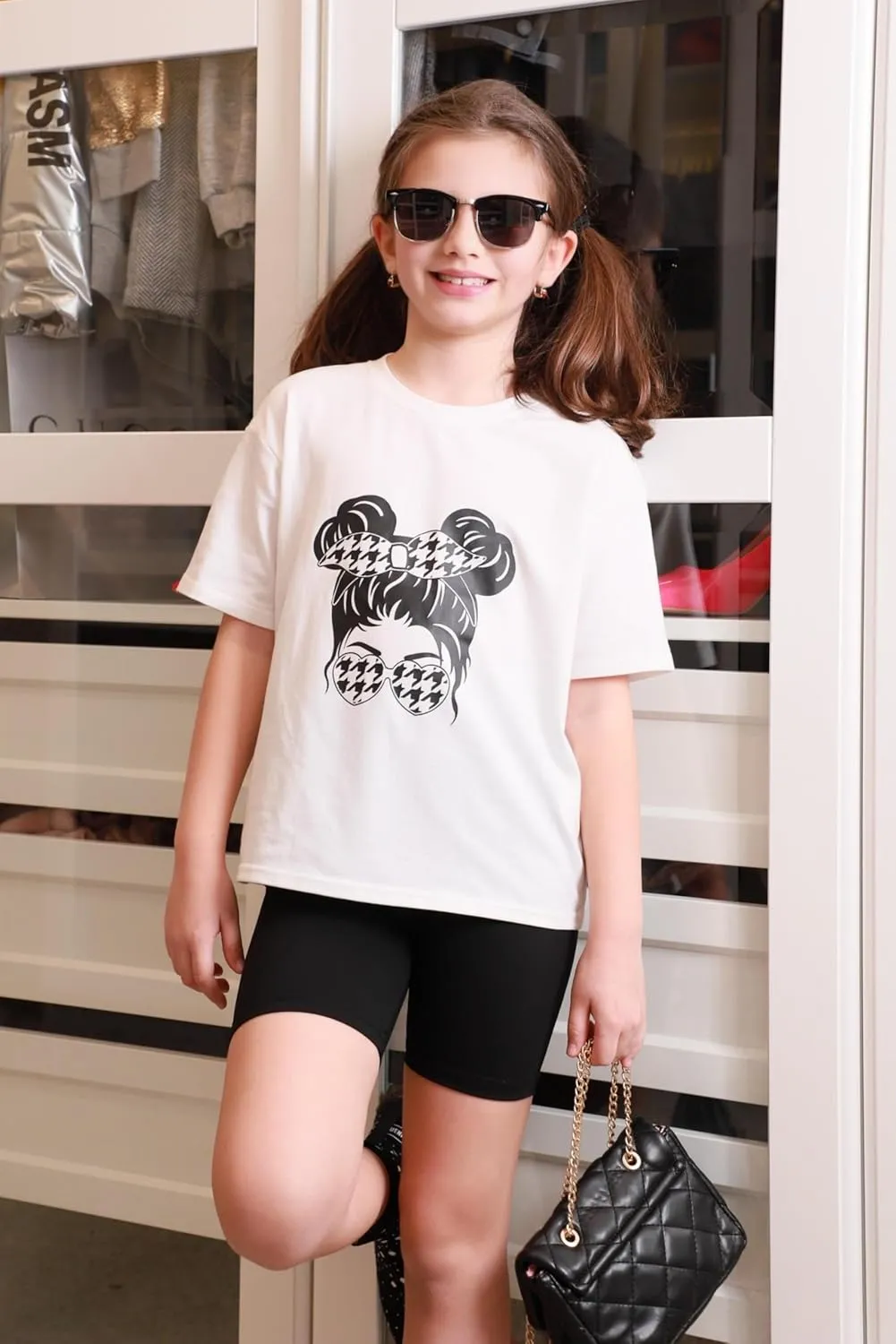 Arshiner Girls 2 Piece Outfits Drop Shoulder T-Shirts and Biker Shorts Sets