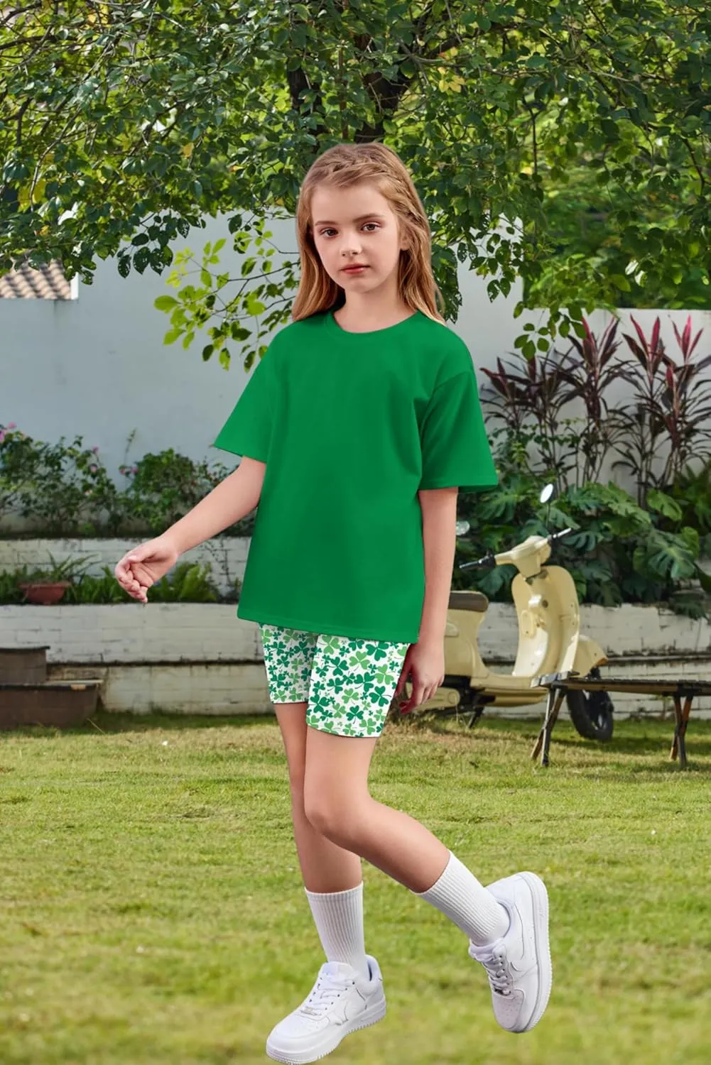 Arshiner Girls 2 Piece Outfits Drop Shoulder T-Shirts and Biker Shorts Sets