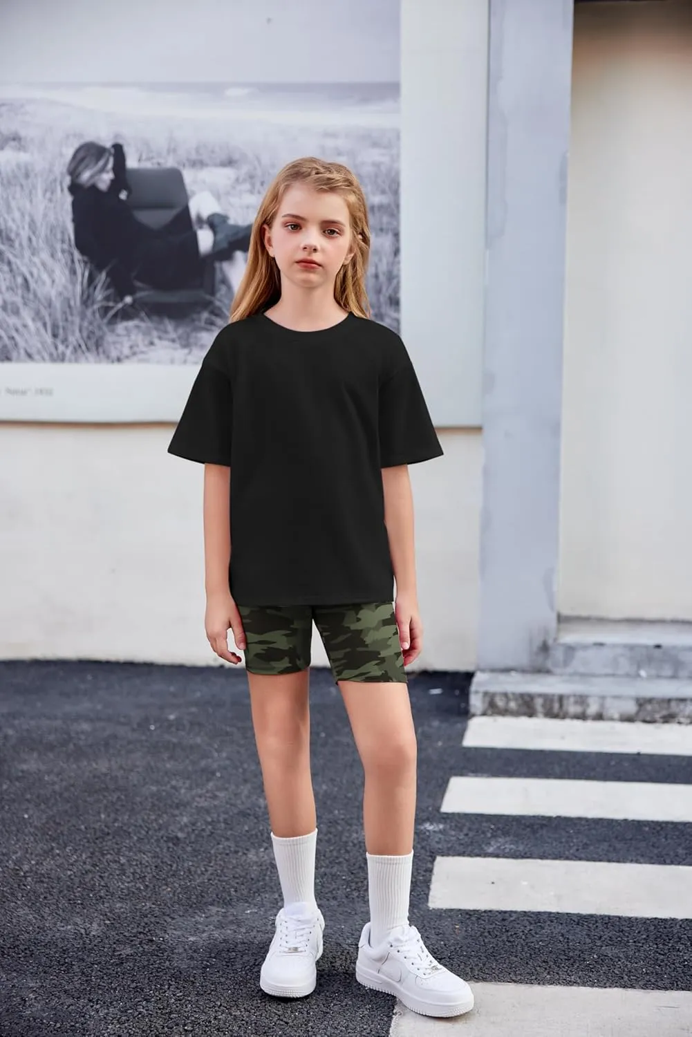 Arshiner Girls 2 Piece Outfits Drop Shoulder T-Shirts and Biker Shorts Sets