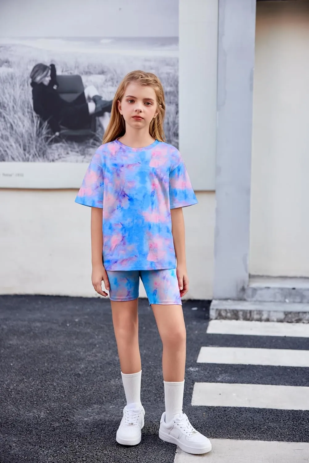Arshiner Girls 2 Piece Outfits Drop Shoulder T-Shirts and Biker Shorts Sets