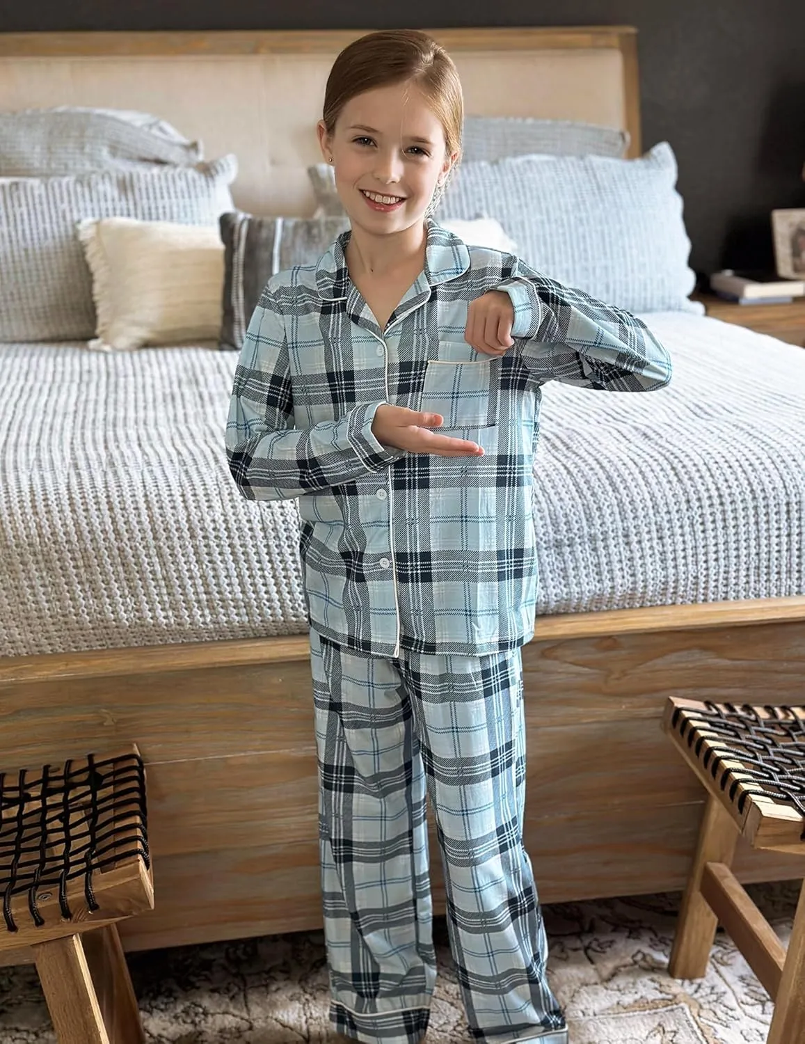 Arshiner Pajamas Set for Girls Plaid Long Sleeve Lounge Set