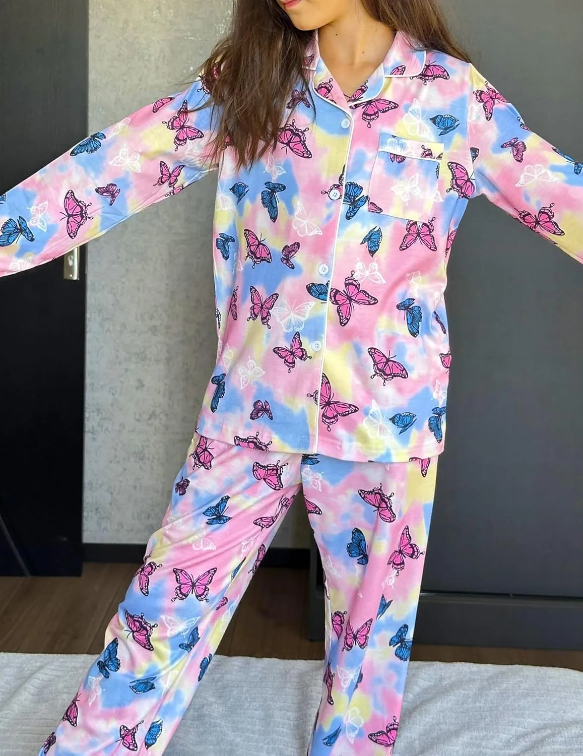 Arshiner Pajamas Set for Girls Plaid Long Sleeve Lounge Set