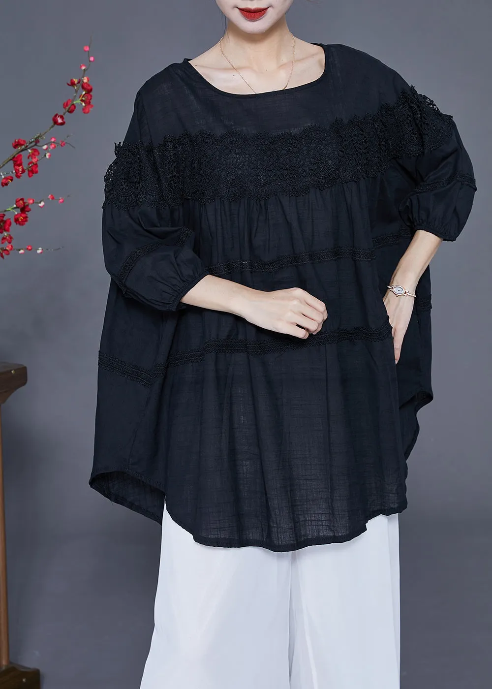 Art Black Oversized Patchwork Lace Linen Top Bracelet Sleeve LY2398