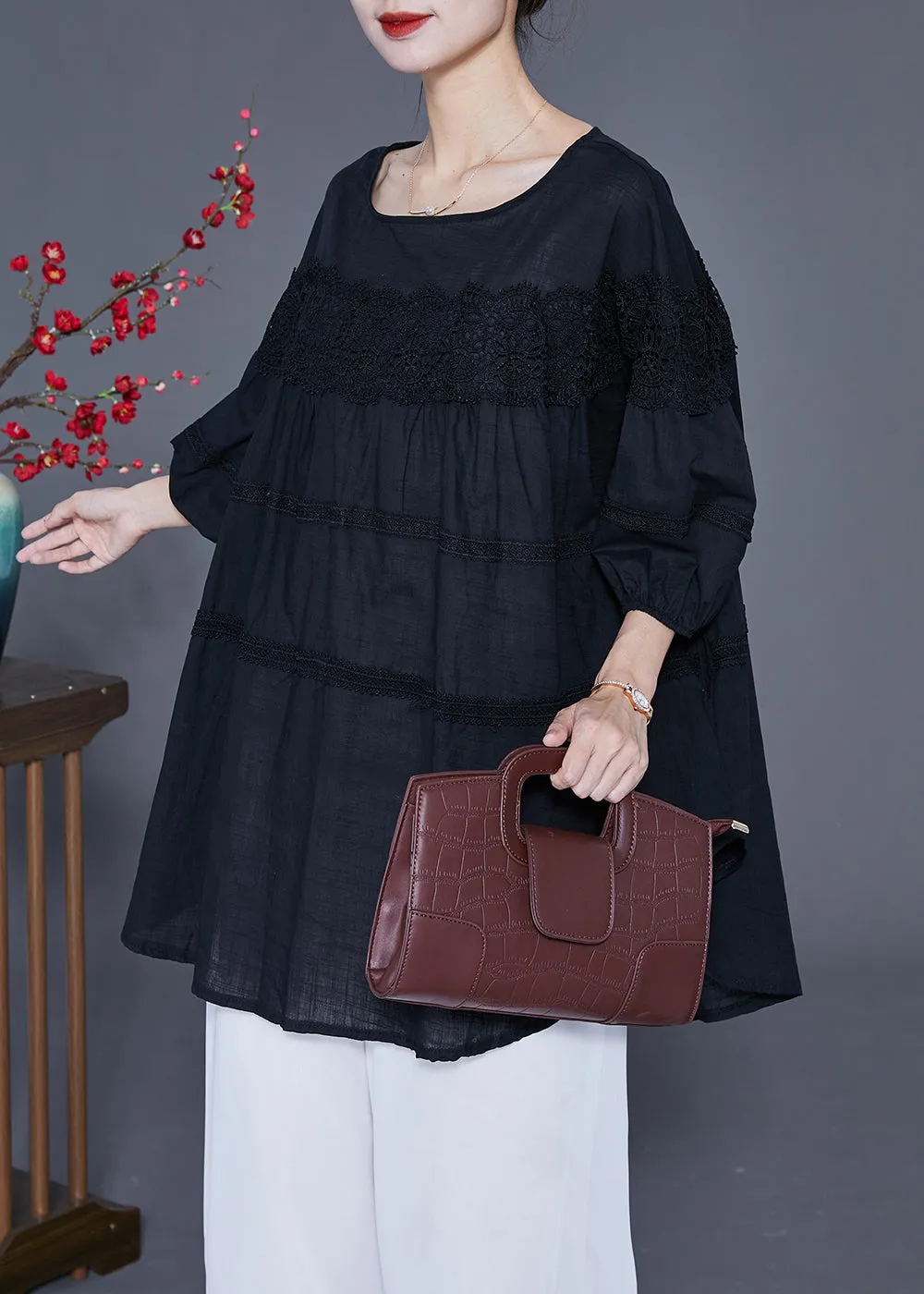 Art Black Oversized Patchwork Lace Linen Top Bracelet Sleeve LY2398
