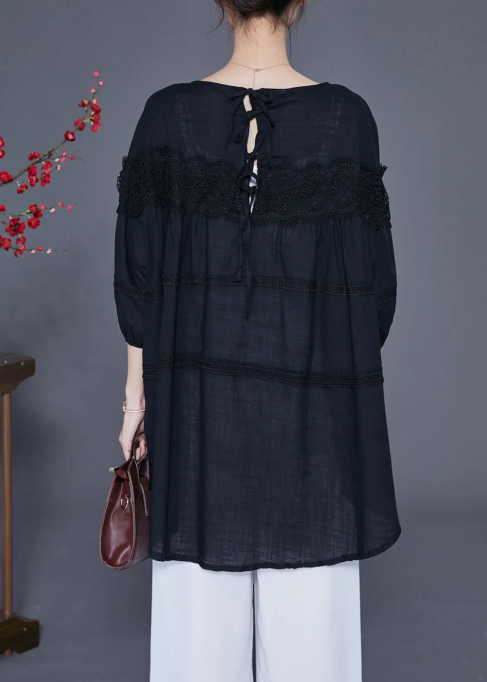 Art Black Oversized Patchwork Lace Linen Top Bracelet Sleeve LY2398