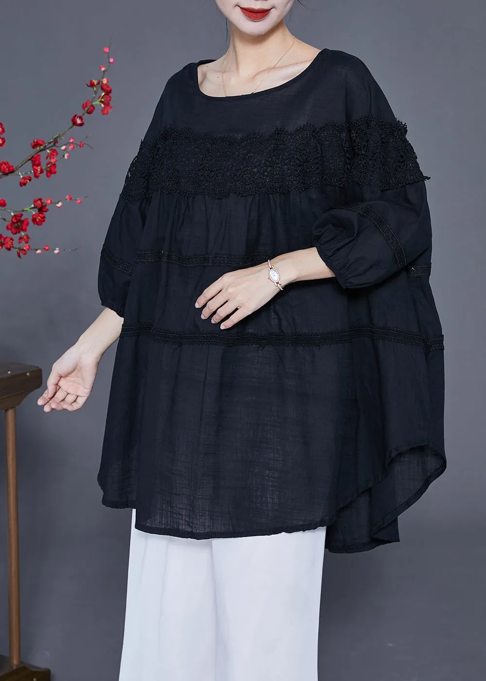 Art Black Oversized Patchwork Lace Linen Top Bracelet Sleeve LY2398