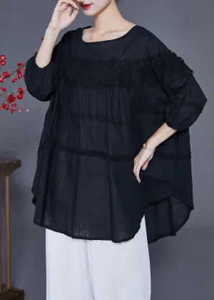 Art Black Oversized Patchwork Lace Linen Top Bracelet Sleeve LY2398