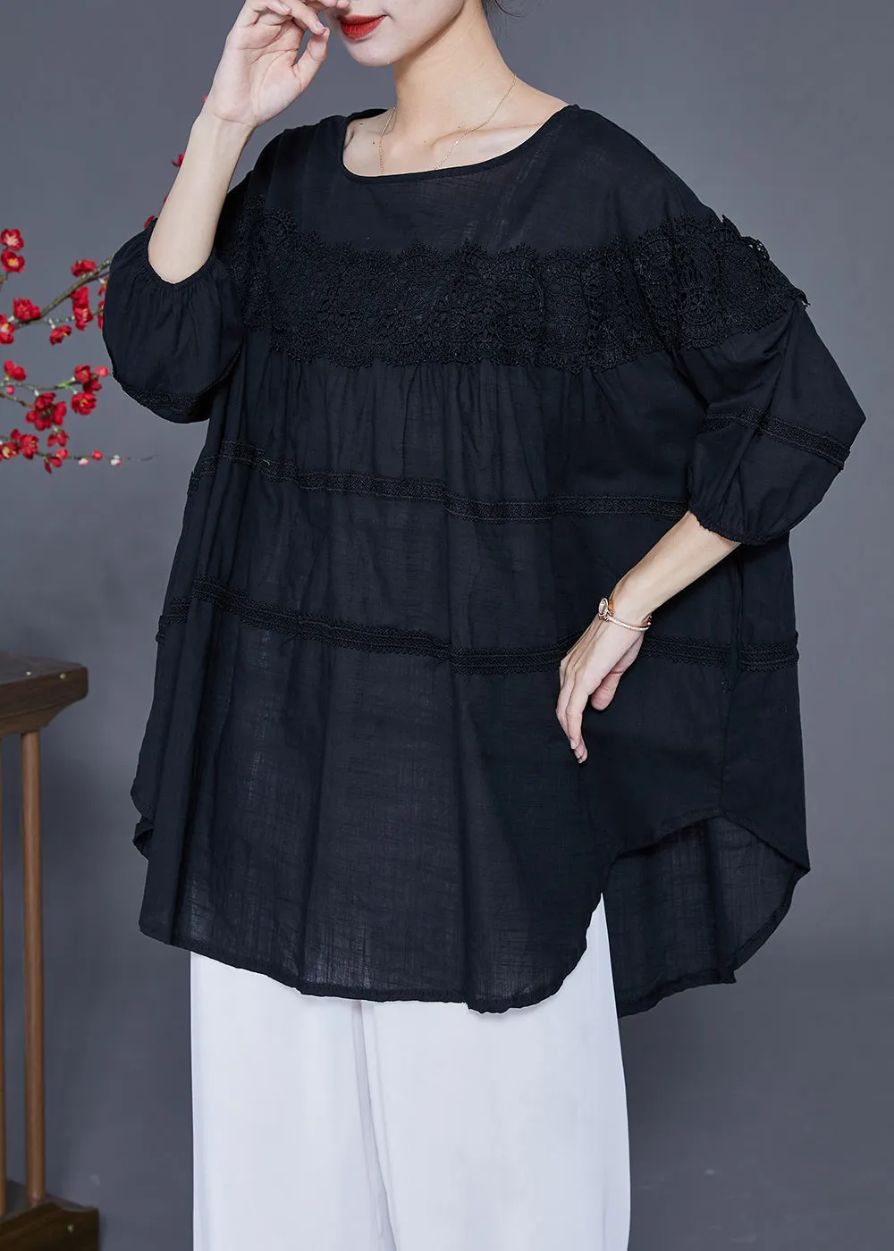 Art Black Oversized Patchwork Lace Linen Top Bracelet Sleeve LY2398