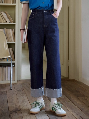 Anti Snag Fabric Aspen Straight-leg Cuffed Cotton Jeans