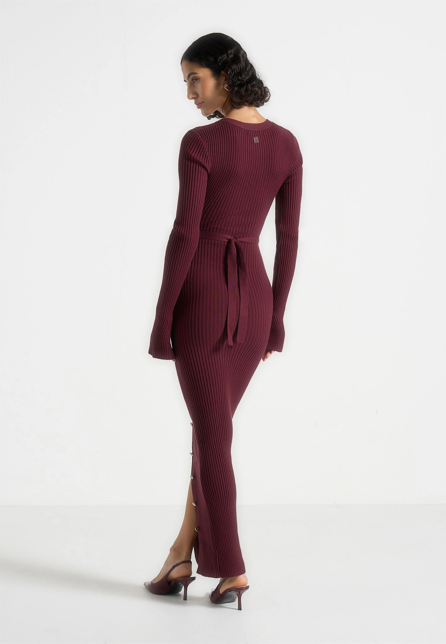Assia - Long Sleeve Knitted Midaxi Dress With Belt - Wine Red Velvet-Sleeve