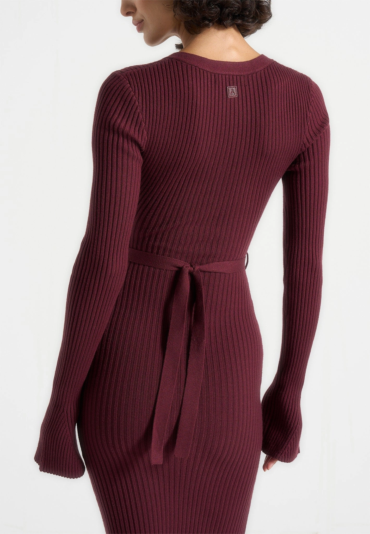 Assia - Long Sleeve Knitted Midaxi Dress With Belt - Wine Red Smart and Relaxed