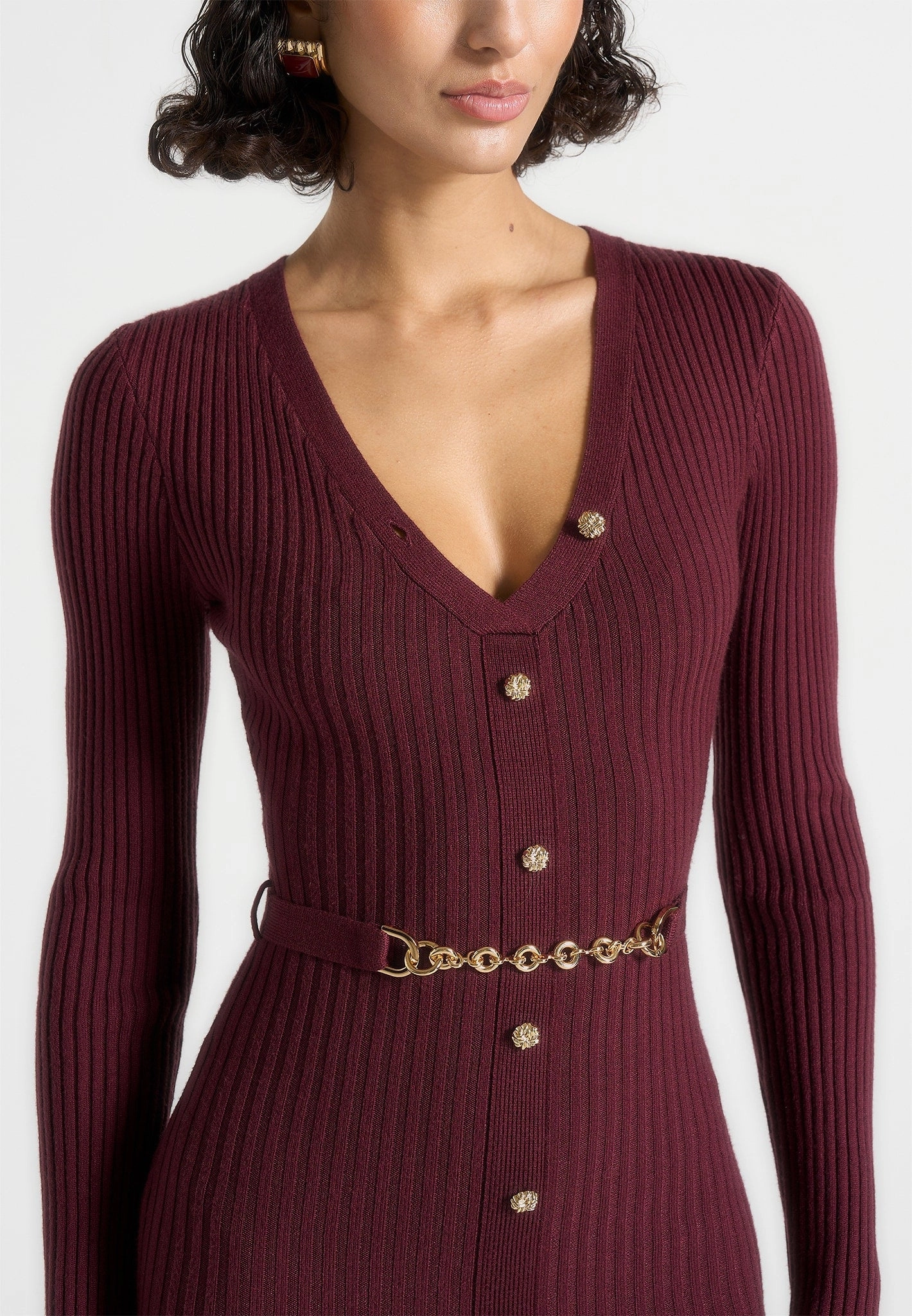 Assia - Long Sleeve Knitted Midaxi Dress With Belt - Wine Red Smooth Look Perfect Design