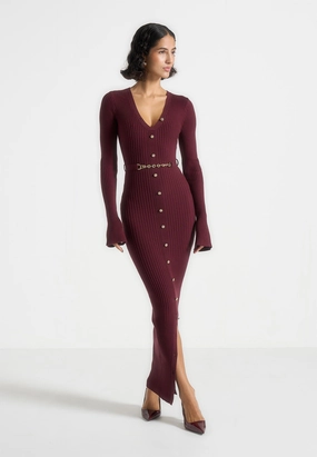 Tall Girl Festive Wear Assia - Long Sleeve Knitted Midaxi Dress With Belt - Wine Red