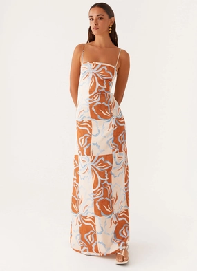 SeamlessConstruction Subtle Lines Aster Bloom Maxi Dress - Orange Blue Floral