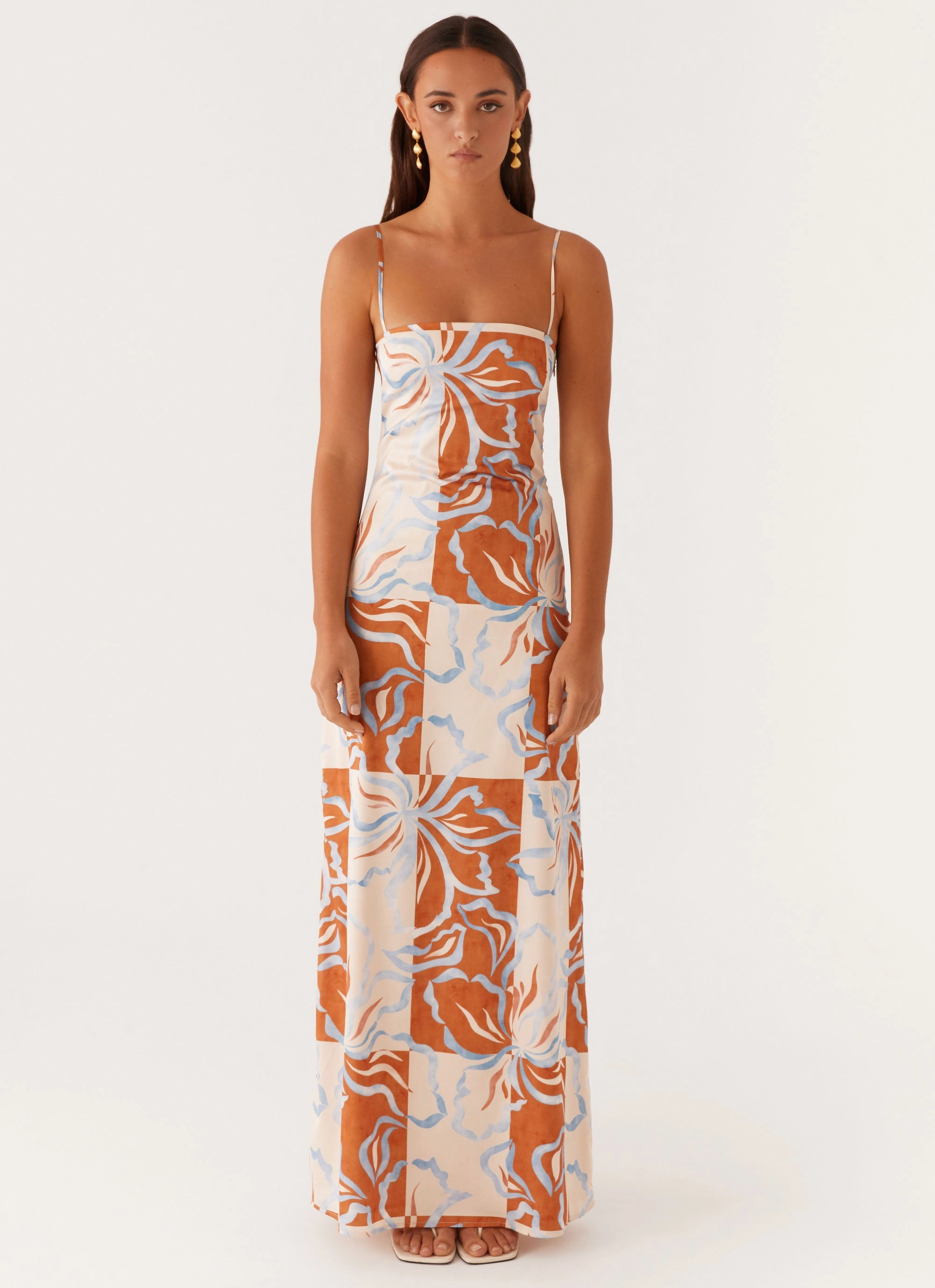 Aster Bloom Maxi Dress - Orange Blue Floral Tailored Wear Bright Vibe