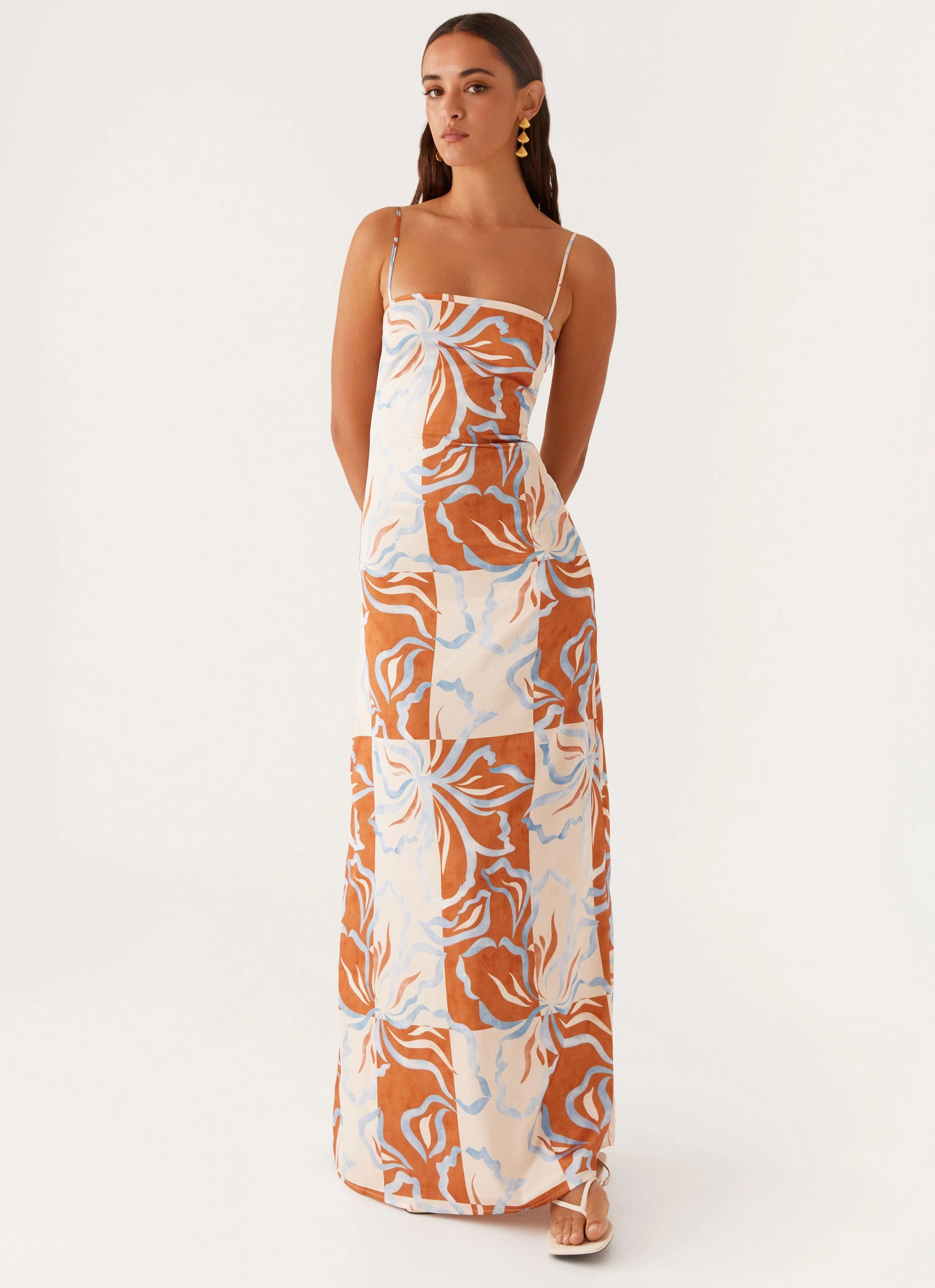 SeamlessConstruction Subtle Lines Aster Bloom Maxi Dress - Orange Blue Floral