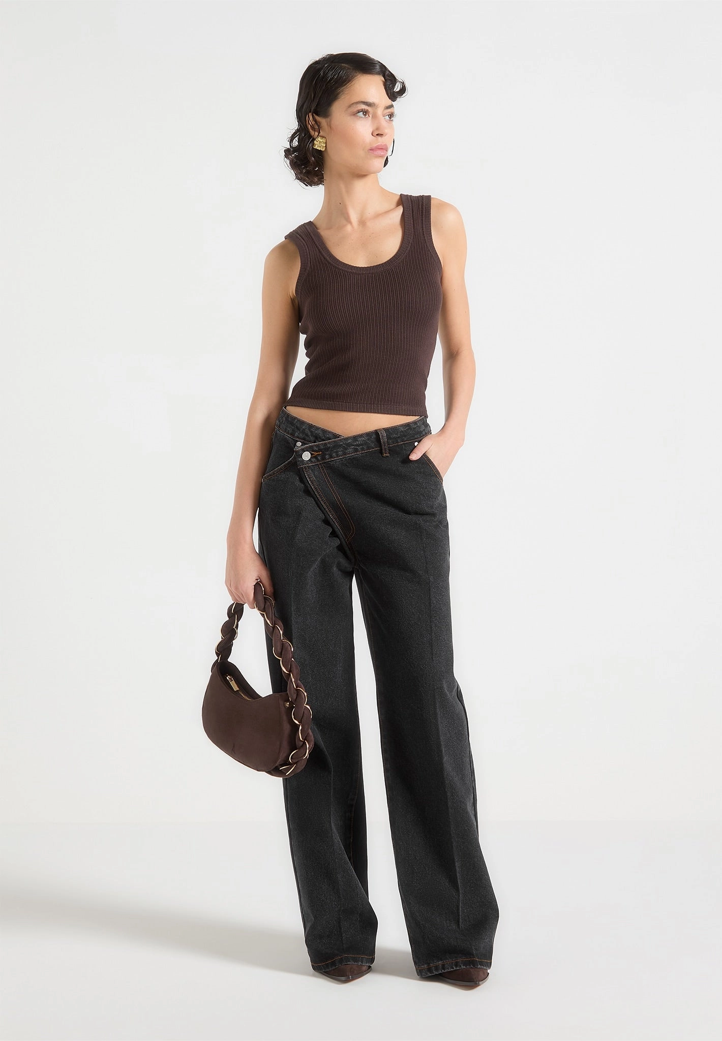 Weekend Warrior Adult Fashion Gym Ready Astrid - Wrapover Wide Leg Jeans - Washed Black