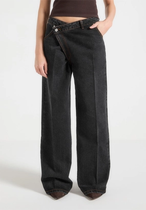 Astrid - Wrapover Wide Leg Jeans - Washed Black Smart Waistband Nature Lover Gym Ready Music Event