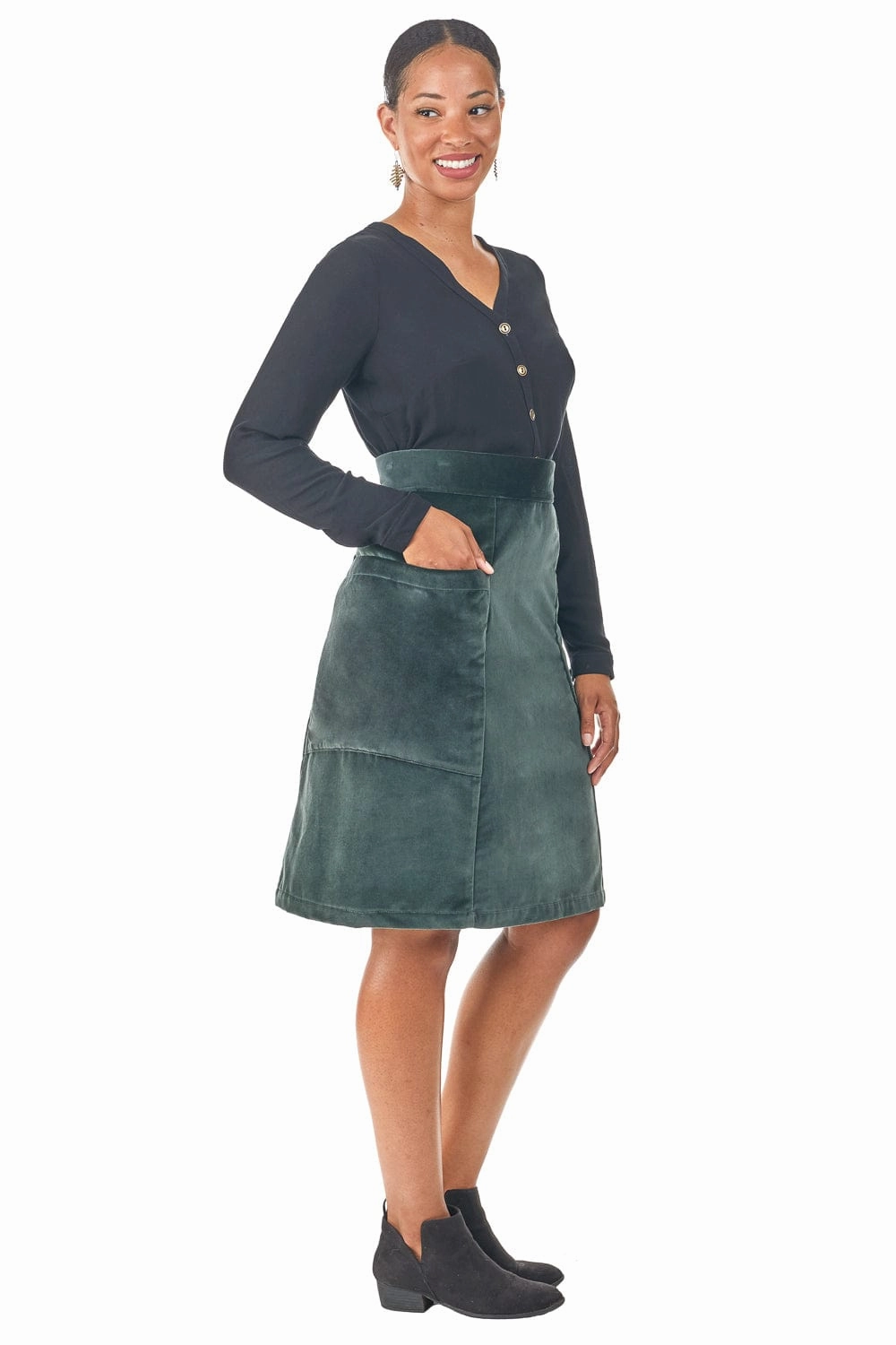 Roll-up style Atheno Skirt in Spruce Velvet