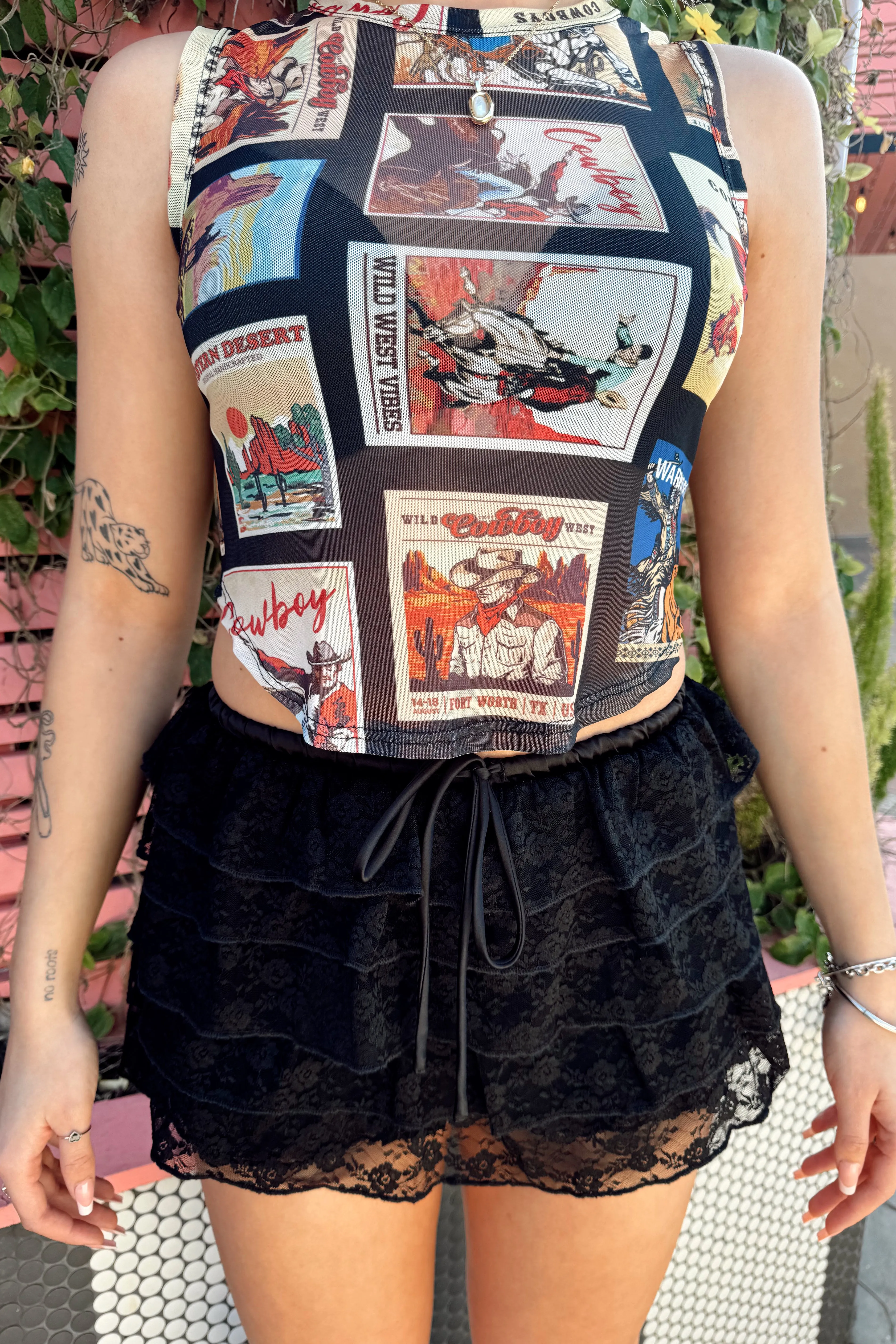 Tapered Side Panels Western Stamped Mesh Crop Tank