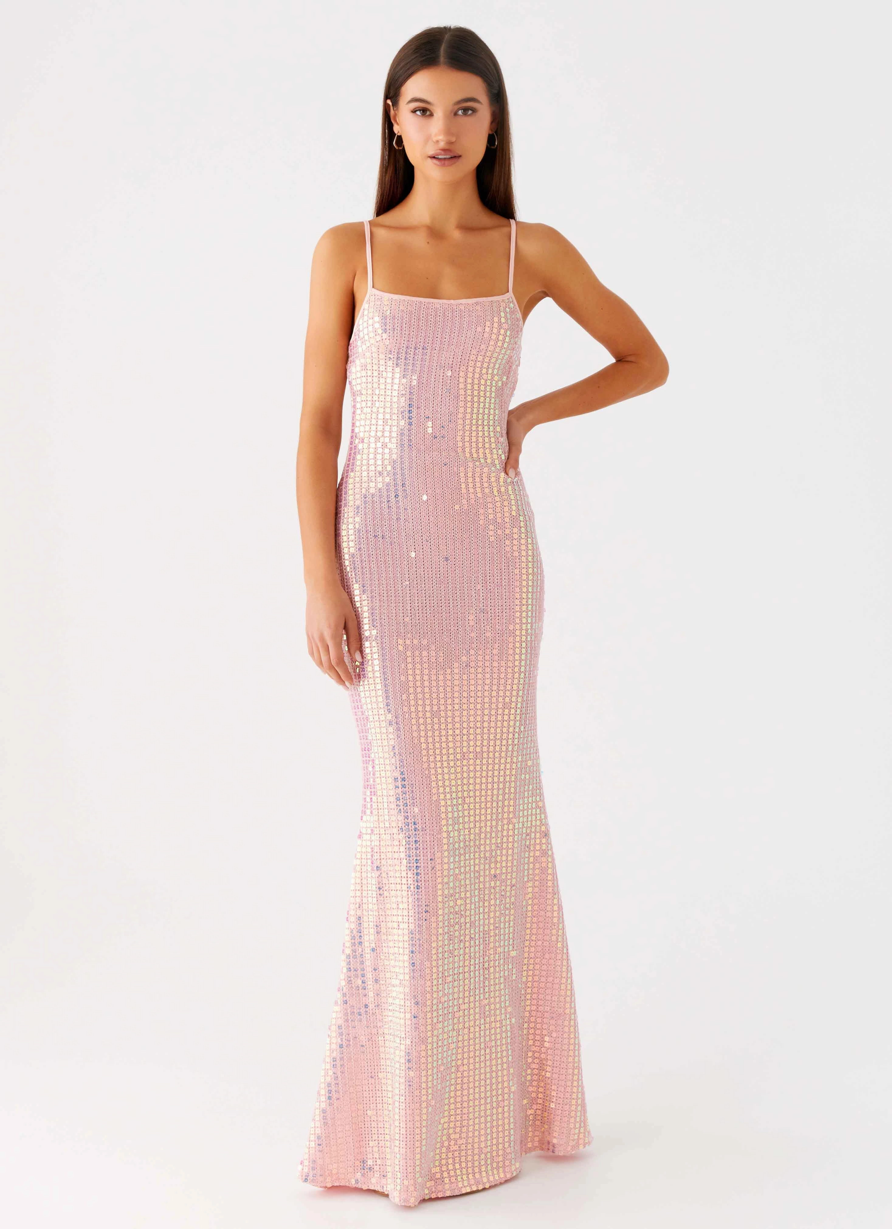 Satin-Edge Country View Attitude Knit Sequin Maxi Dress - Iridescent Pink