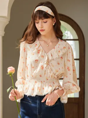 Aubriella V Neck Lace Panel Floral Print Blouse Temperature Control Technology Stretch waistband