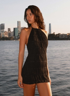 Slim Fit Band Layered Hem Aullie Mini Dress - Black