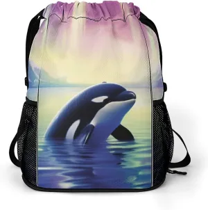 Aurora Dolphin Drawstring Backpack Drawstring Bags Drawstring Sport Bag Sports Gym Bag with Pockets for Women Men