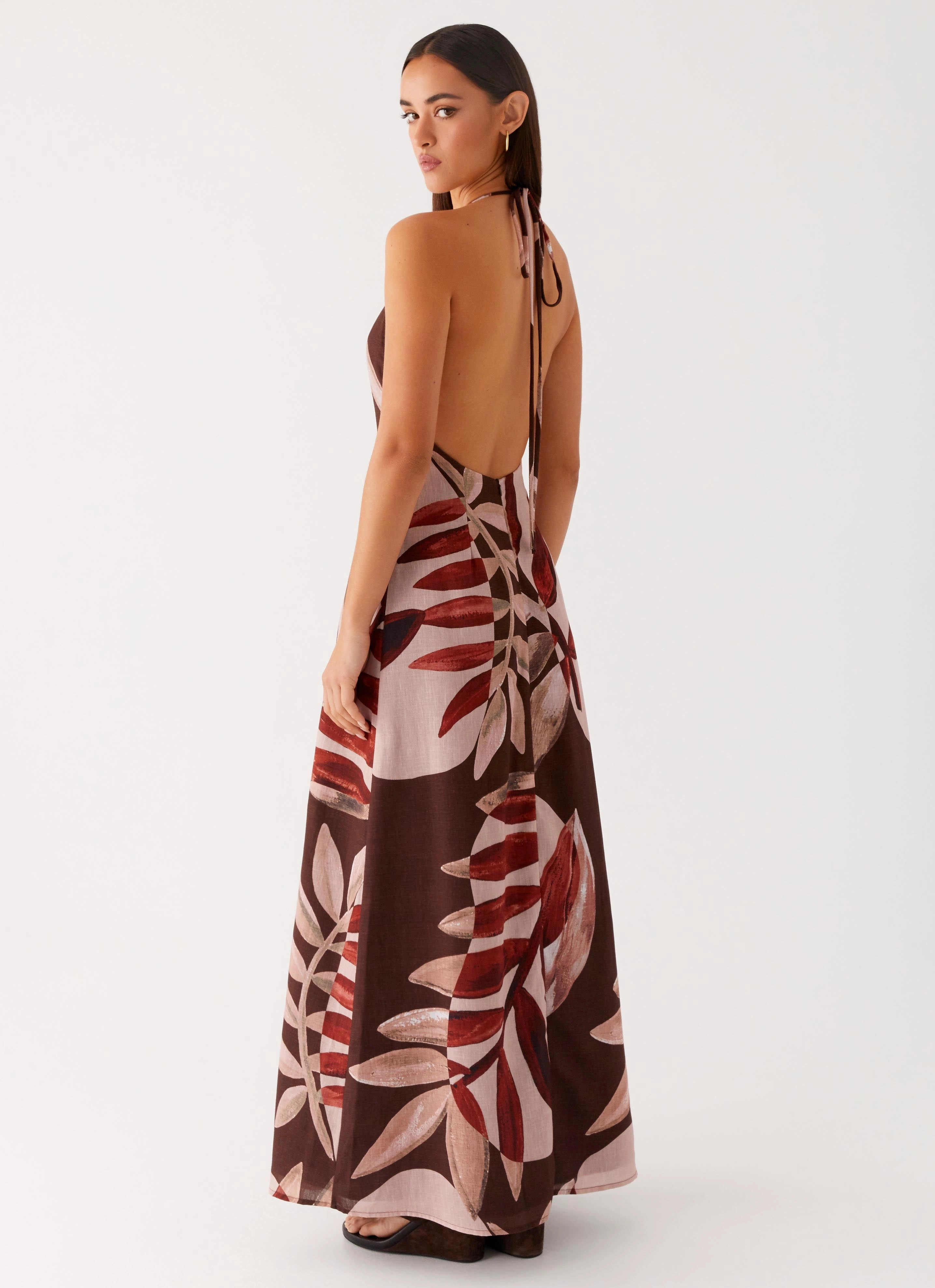 Autumn Linen Maxi Dress - Cinnamon Palm Calm Style Elegant Motion